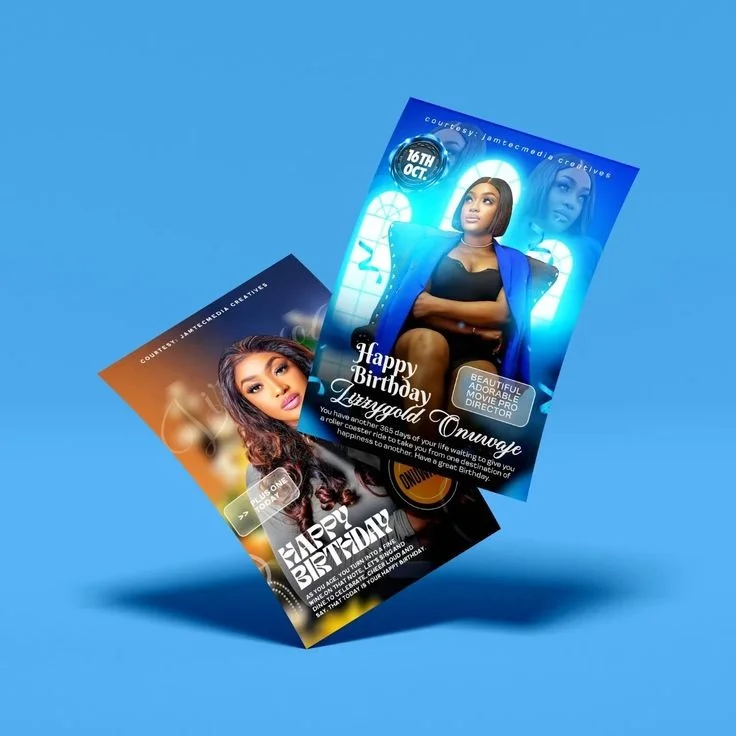 Two blue and bronze birthday flyer layouts with portraits against a blue background