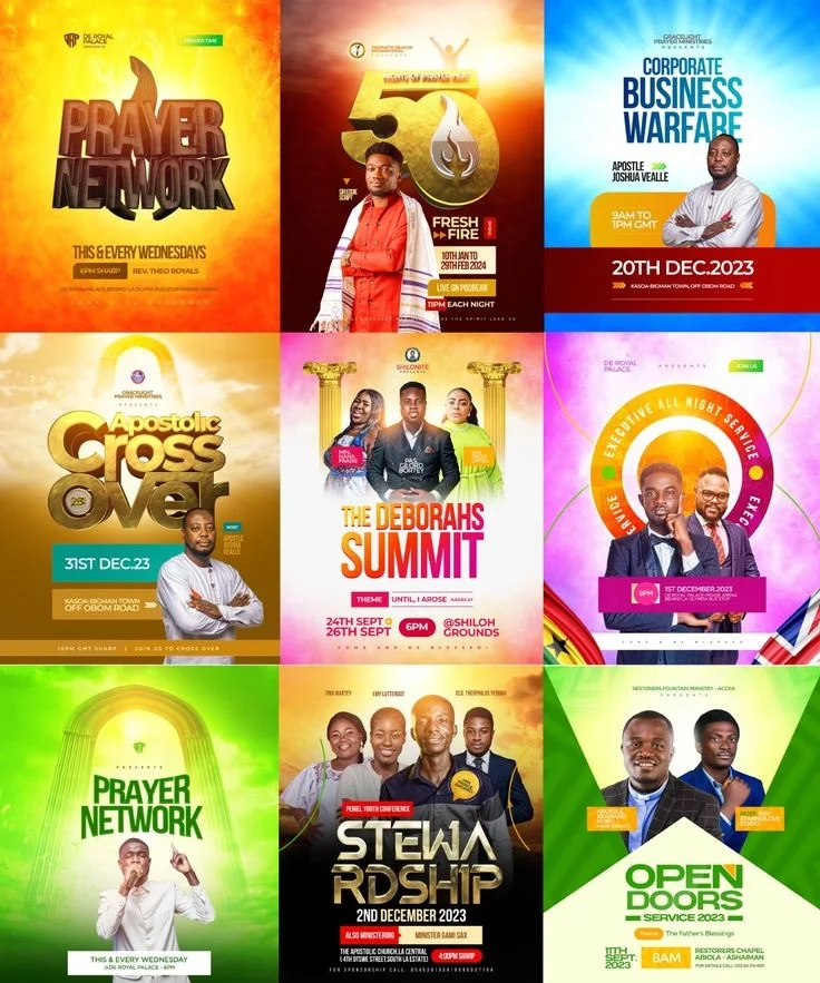 Collection of colourful church event flyers with portraits and campaign typography