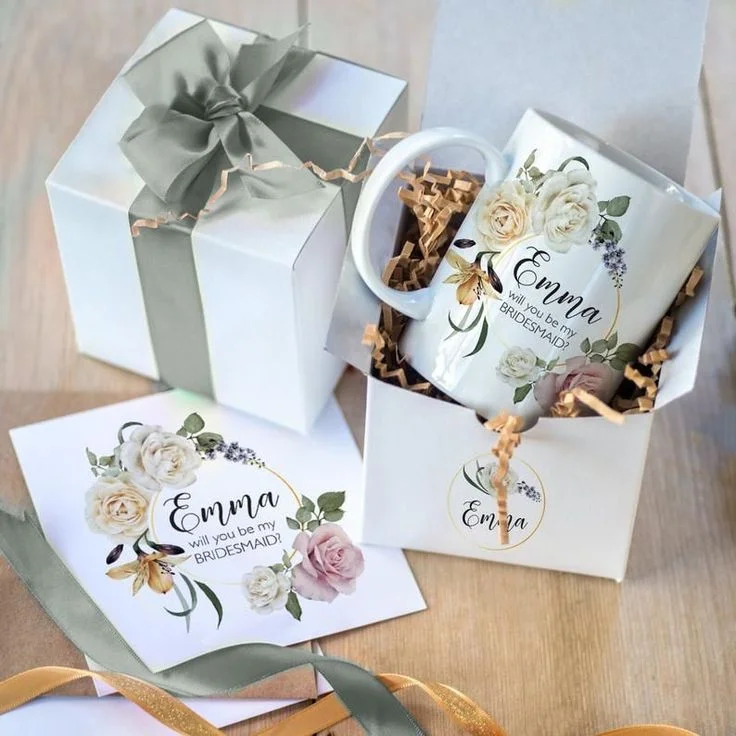 Sage ribbon gift box with coordinated floral cards and personalised accessories