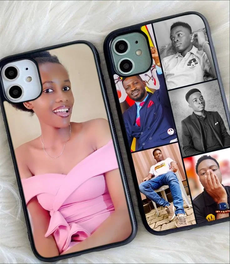 Two phone cases decorated with portraits and photo collages