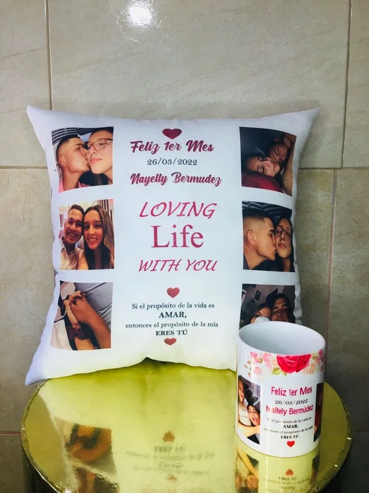 White photo collage cushion and matching printed mug