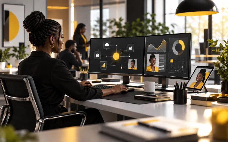 Business workspace with connected information and automation concepts