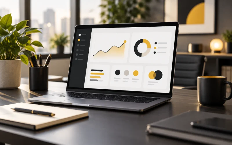 Laptop displaying organised business workflow panels