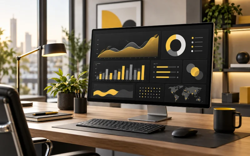 Workstation displaying charts and visual data patterns