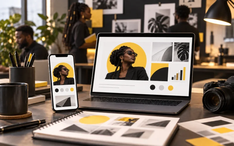 Phone and laptop displaying abstract advertising campaign layouts