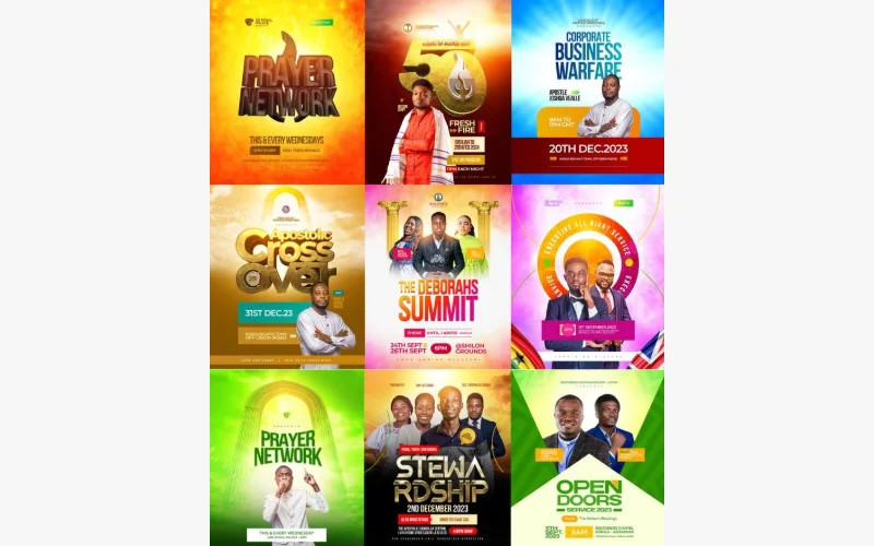 Collection of colourful church event flyers with portraits and campaign typography