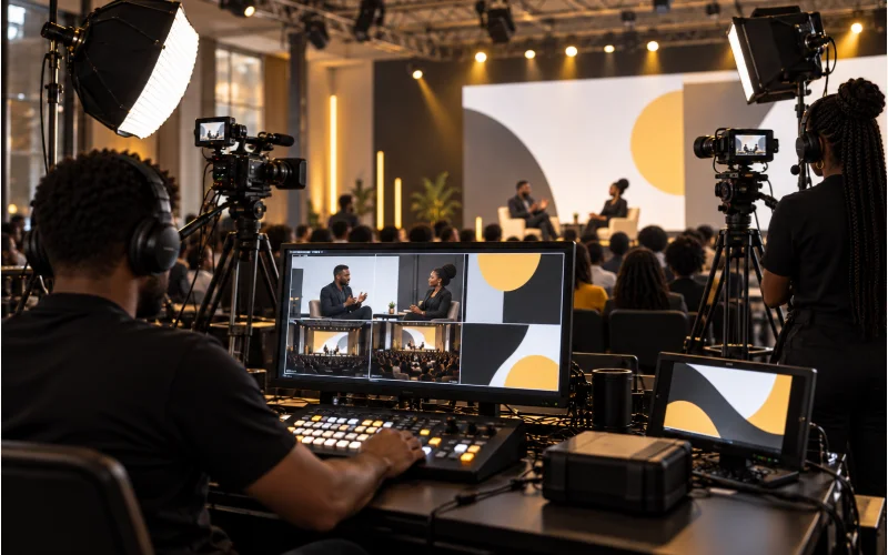 Event broadcast setup with a camera, lighting and production monitors
