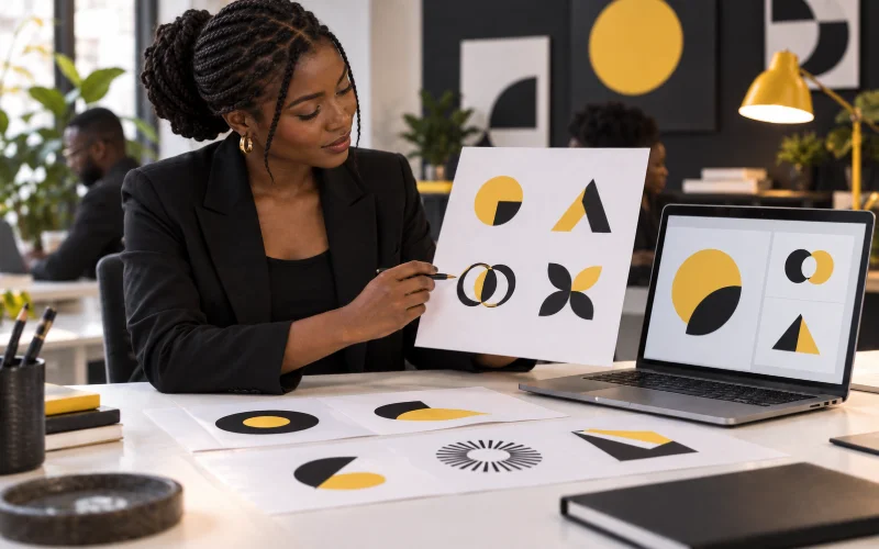 Designer’s workspace with abstract logo concepts on paper and a laptop