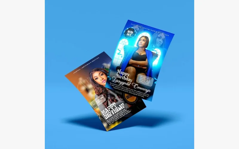 Two blue and bronze birthday flyer layouts with portraits against a blue background