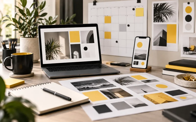 Content planning workspace with a calendar, smartphone and visual layouts