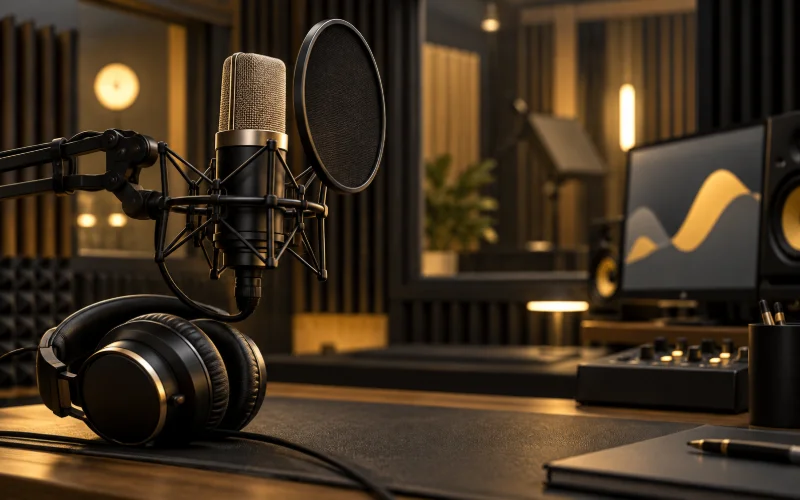 Studio microphone and headphones in a softly lit acoustic recording space