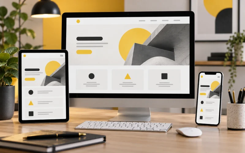 Desktop, tablet and phone displaying abstract responsive page layouts